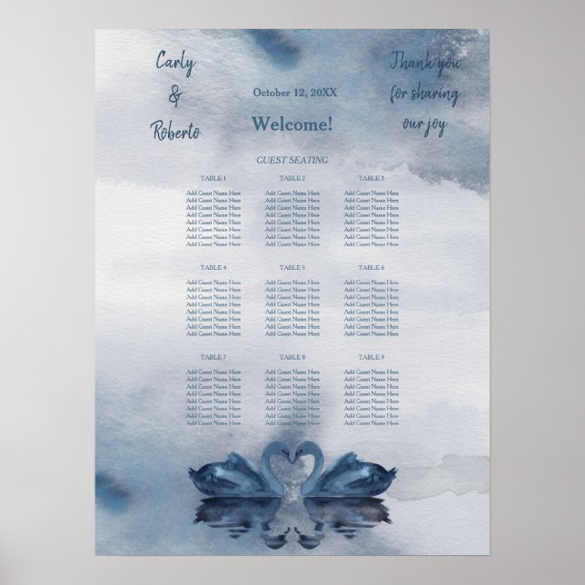 Romantic Blue Swan Wedding Dinner Seating Chart (Front)