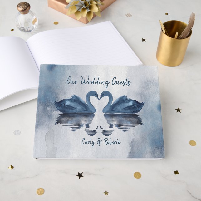 Romantic Blue Swan Wedding Guest Book (Front Open)