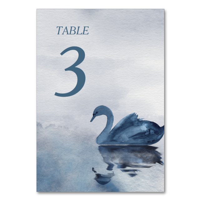 Romantic Blue Swan Wedding Table Number (Front)
