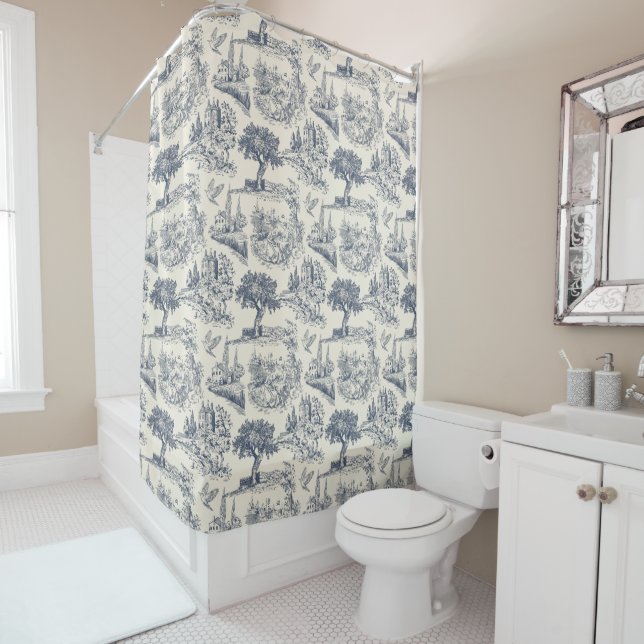 Romantic Blue Toile de Jouy, French country style Shower Curtain (In Situ)