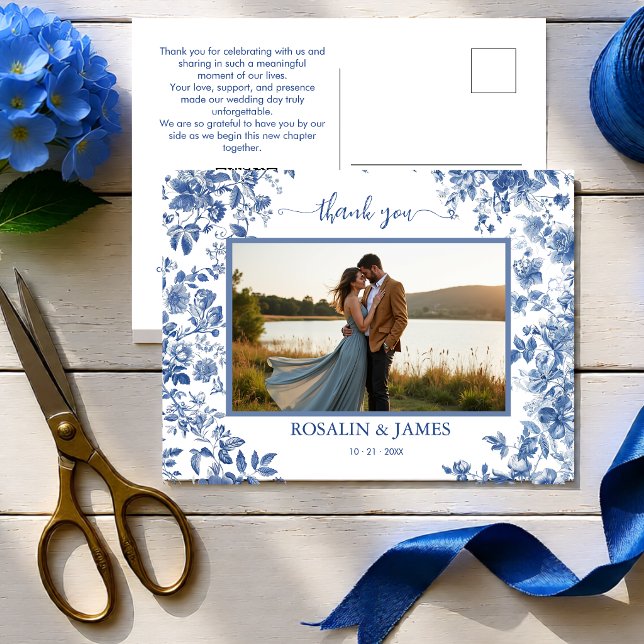 Romantic Blue Toile QR code Photo Thank You Postcard (Romantic Blue Toile QR code Photo Thank You Postcard
)