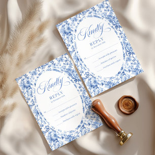 Romantic Blue Toile Roses Custom Wedding RSVP Card