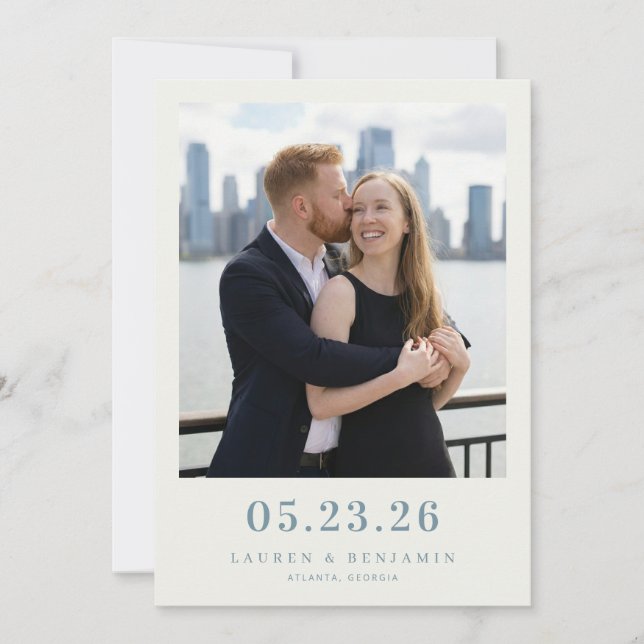 Romantic Blue Urban Photo Save The Date (Front)