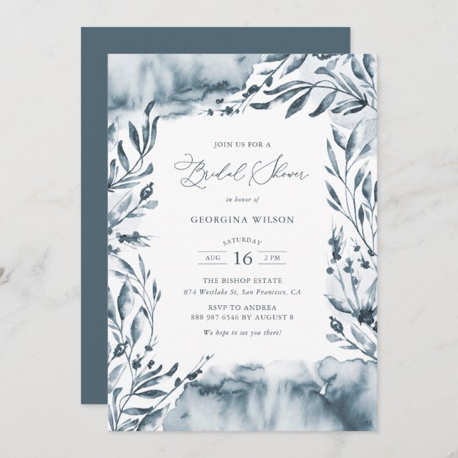 Romantic Blue Watercolor Foliage Bridal Shower Invitation (Front/Back)