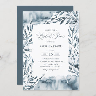 Romantic Blue Watercolor Foliage Bridal Shower Invitation