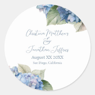 Romantic Blue Watercolor Hydrangea Flowers Classic Round Sticker