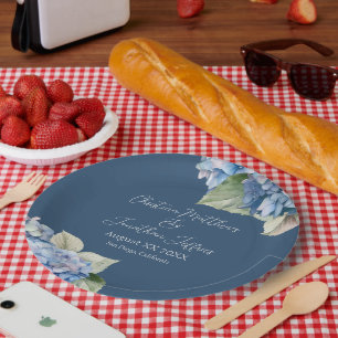 Romantic Blue Watercolor Hydrangea Flowers on Navy Paper Plate