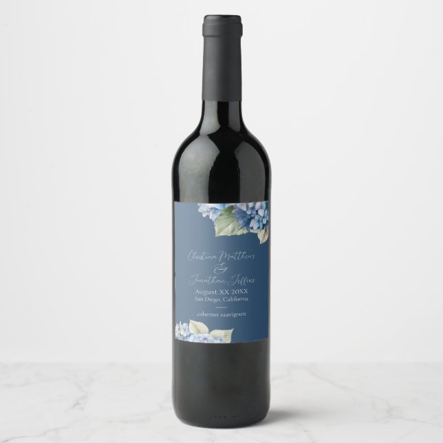 Romantic Blue Watercolor Hydrangea Flowers on Navy Wine Label (Front)