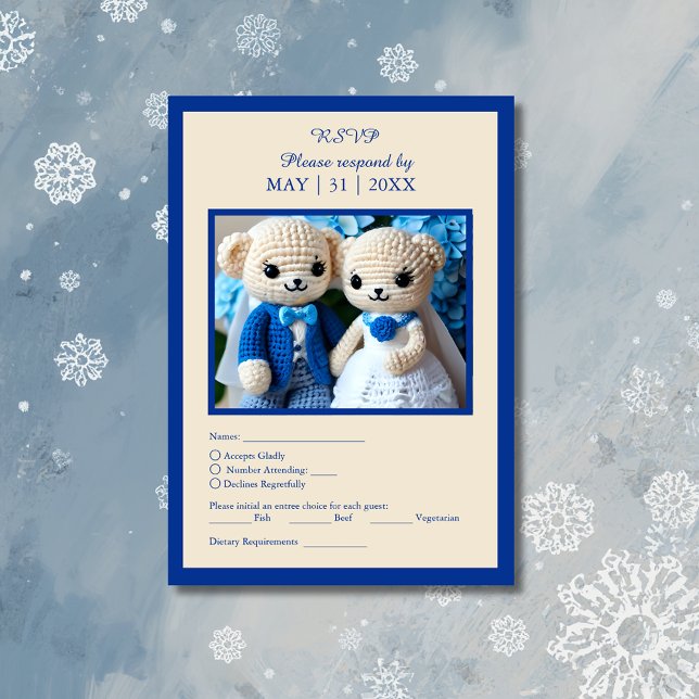 romantic blue & white crochet wedding couple RSVP card (Creator Uploaded)