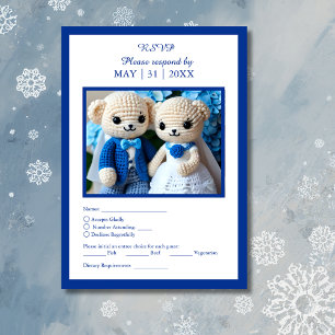 romantic blue & white crochet wedding couple RSVP card