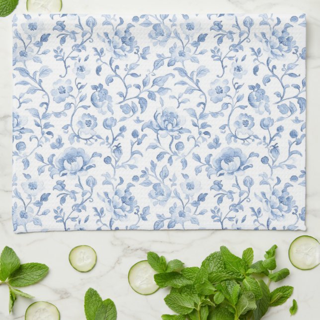 Romantic Blue White Floral Bridal Shower Tea Towel (Folded)