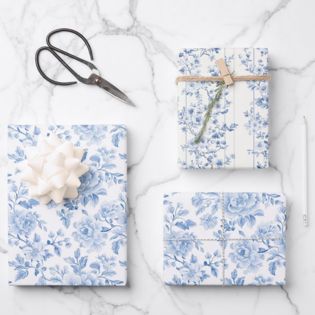 Romantic Blue White Flowers Bridal Shower Wrapping Paper Sheet (Front)