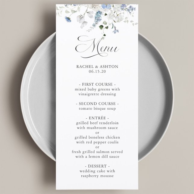 Romantic Blue White Green Floral Wedding Menu  (Creator Uploaded)