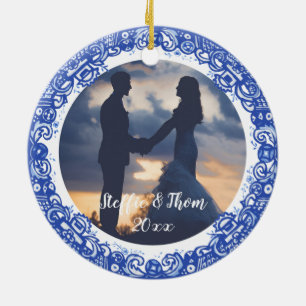 Romantic Blue & White Willow Photo Birds Wedding Ceramic Ornament