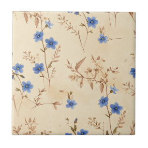 Romantic Blue Wildflowers and Sepia Sprigs Ceramic Tile