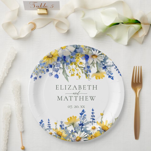 Romantic Blue Yellow Wildflowers Floral Wedding Paper Plate (Wedding)