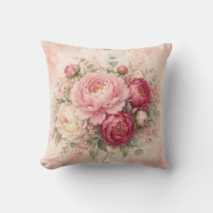 Romantic Blush and Raspberry Watercolor Peonies Cushion