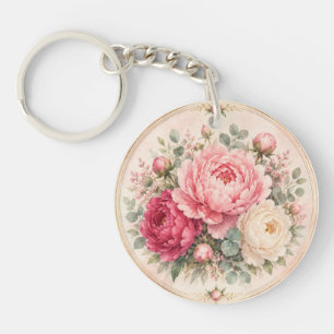 Romantic Blush and Raspberry Watercolor Peonies Key Ring