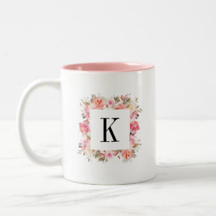 Romantic Blush Bloom Floral Monogram Two-Tone Coffee Mug