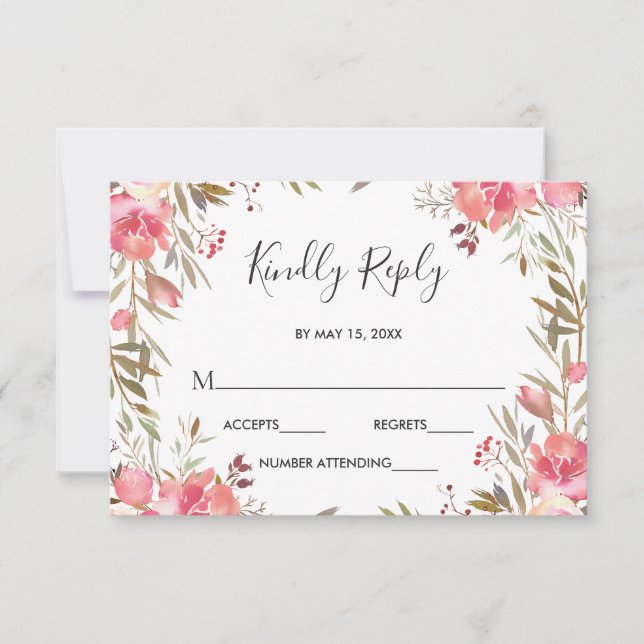 Romantic Blush Bloom Floral Wedding RSVP (Front)