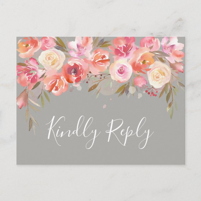Romantic Blush Bloom Floral Wedding RSVP | Grey Invitation Postcard (Front)