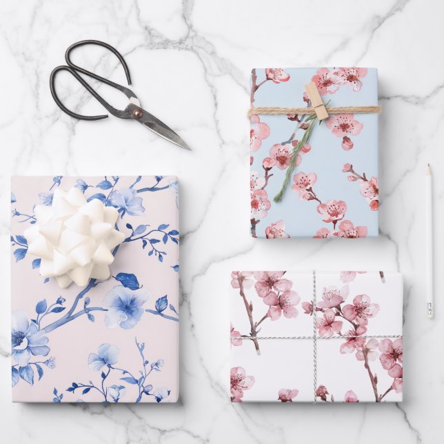 Romantic Blush Blue Floral Bridal Shower Wrapping Paper Sheet (Front)