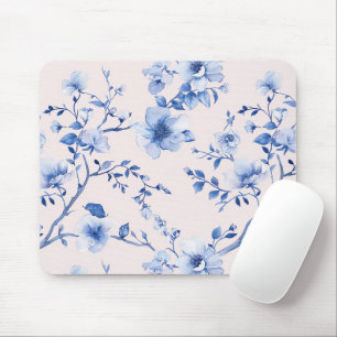 Romantic Blush Blue Floral Mouse Pad