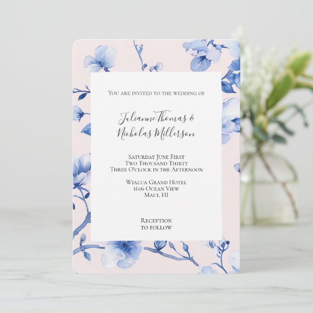 Romantic Blush Blue Floral Wedding Invitation (Standing Front)