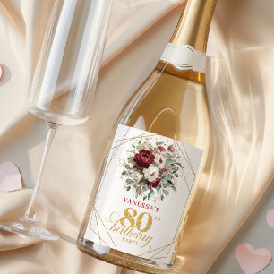 Romantic Blush Burgundy 80th Birthday Champagne Sparkling Wine Label