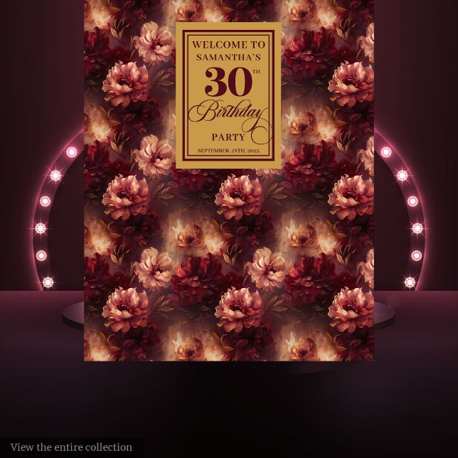 Romantic Blush Burgundy Gold 30th Birthday Banner Tapestry (Romantic Blush Burgundy Gold 30th Birthday Banner)
