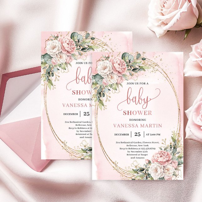 Romantic Blush Floral Greenery Girl Baby Shower Invitation (Romantic Blush Floral Greenery Girl Baby Shower)