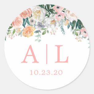 Romantic Blush Floral Monogram Round Sticker