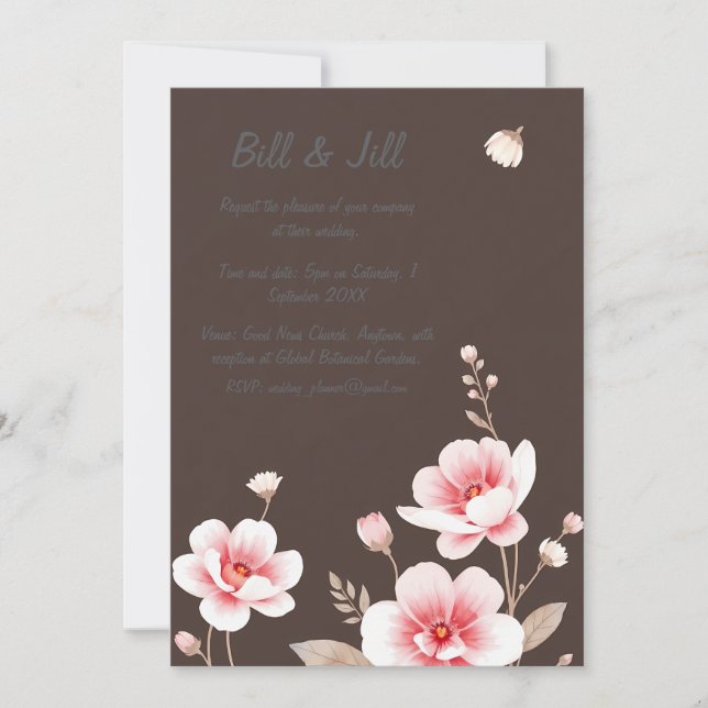 Romantic Blush Floral Rich Chocolate Brown Wedding Invitation (Front)