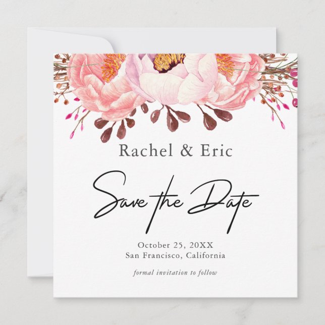 Romantic Blush Floral Save the Date Card (Front)