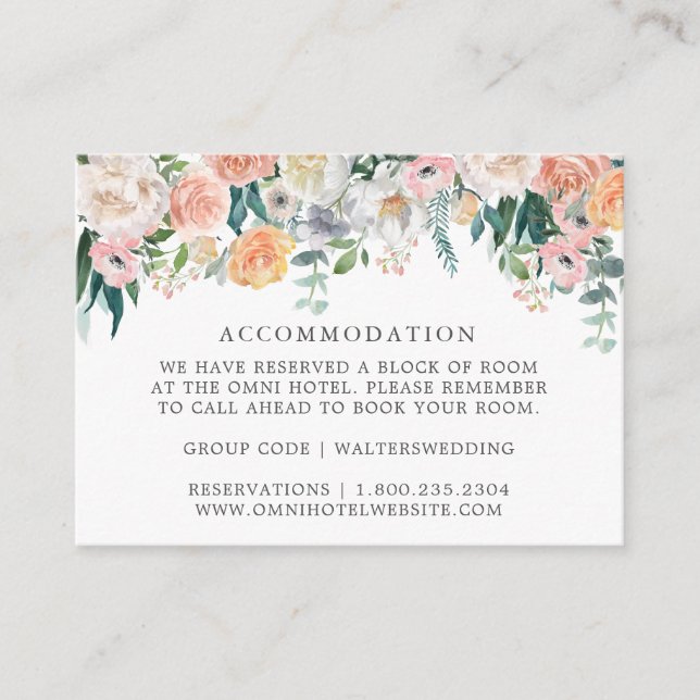 Romantic Blush Floral Wedding Accommodation Cards (Front)