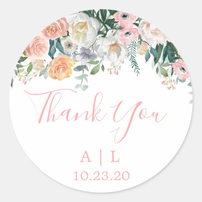 Romantic Blush Floral Wedding Thank You Sticker (Front)