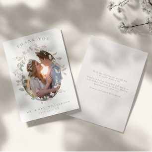 Romantic Blush Floral Wreath Photo Wedding Thank You Card