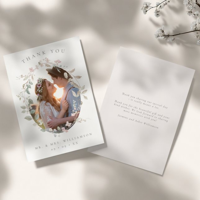 Romantic Blush Floral Wreath Photo Wedding Thank You Card (Creator Uploaded)
