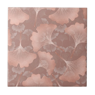 Romantic Blush Ginkgo Leaves Gold Botanical Ceramic Tile