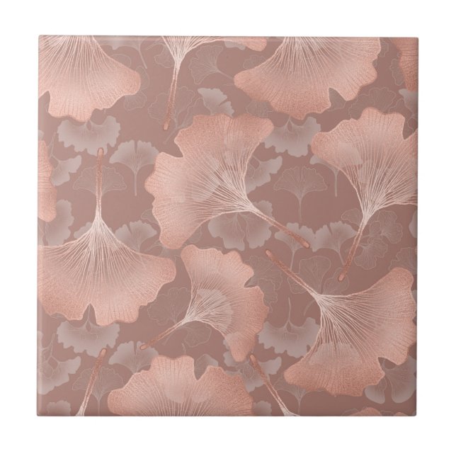 Romantic Blush Ginkgo Leaves Gold Botanical Ceramic Tile (Front)
