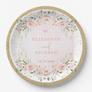 Romantic Blush Gold Pink Floral Wedding Engagement Paper Plate