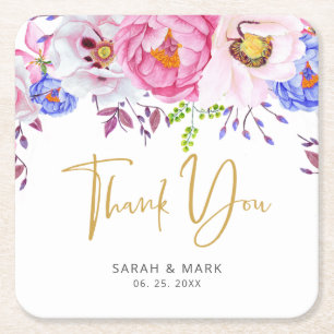 Romantic Blush & Gold Thank You Wedding   Square Paper Coaster