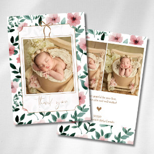 Romantic Blush Green Floral Gold Bow Baby Photo  Announcement