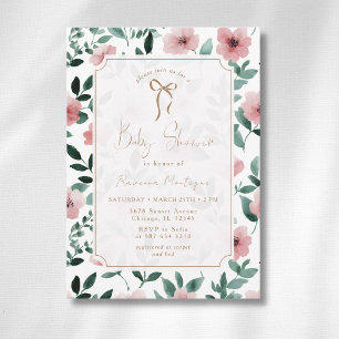 Romantic Blush Green Floral Gold Bow Baby Shower Invitation