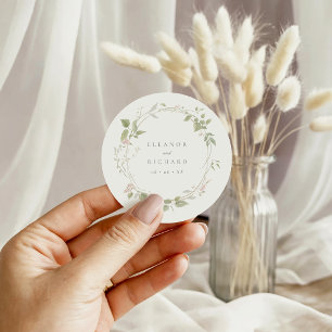 Romantic Blush & Green Floral Wreath Wedding Classic Round Sticker