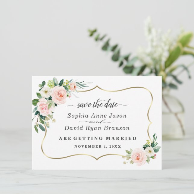 Romantic Blush Ivory Flowers Wedding Calligraphy Save The Date (Standing Front)