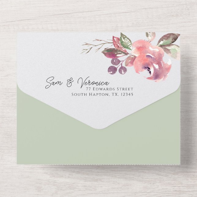 Romantic Blush Mauve Sage Floral All In One Invitation (Back)