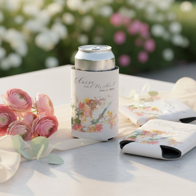 Romantic Blush Painted Floral Wedding Can Cooler (Romantic Blush Painted Floral Wedding Can Cooler)