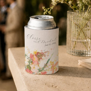 Romantic Blush Painted Floral Wedding Can Cooler