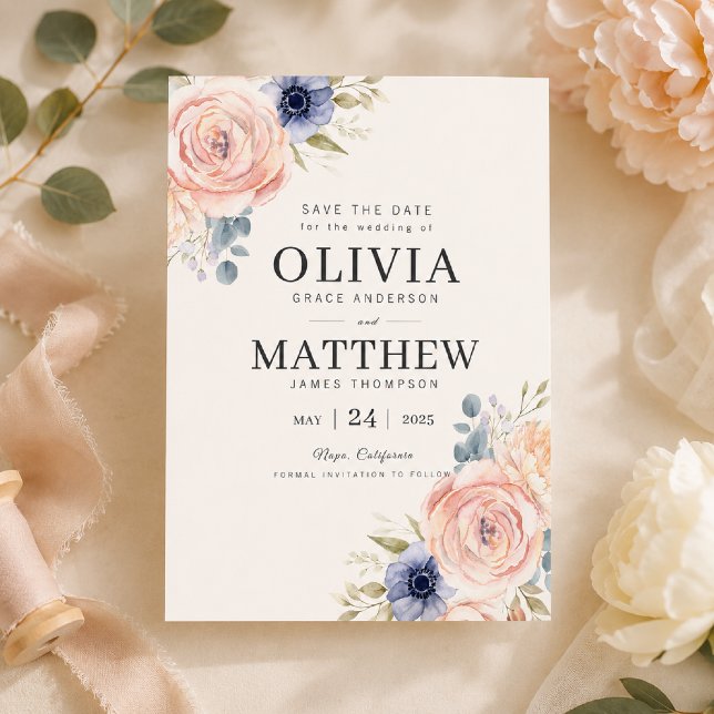 Romantic Blush Peonies Save the Date Template (Elegant floral Save the Date for your timeless wedding celebration.)